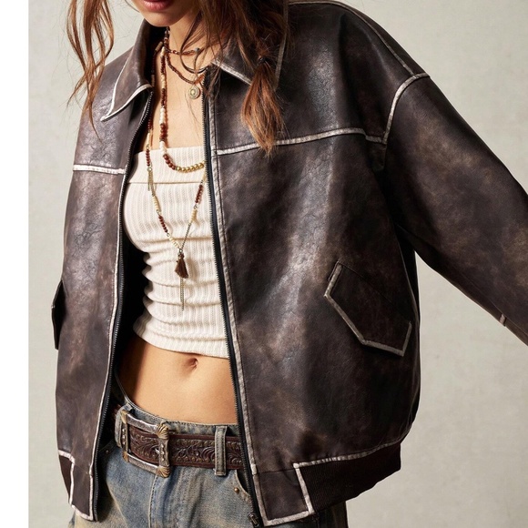 Luxe Brown Vegan Leather Zip up Oversized jacket Coat - Picture 2 of 8